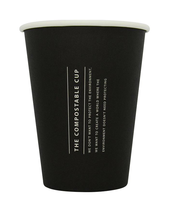 The Compostable Cup - black eco friendly cup with white printed writing